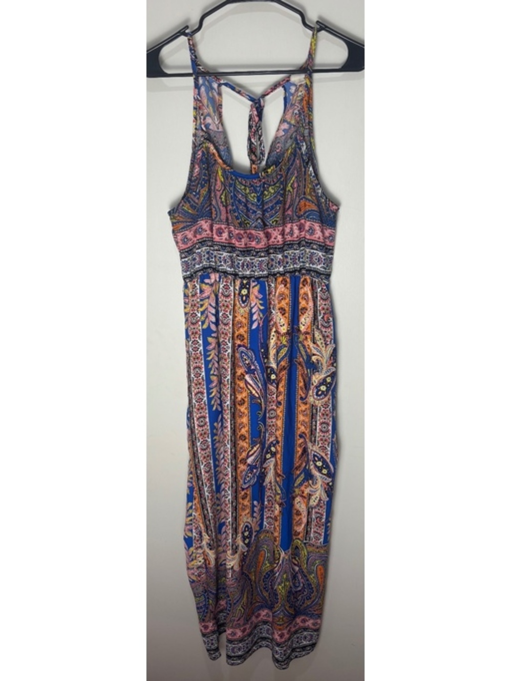 Hailey & Co Boho Paisley Maxi Dress Large Blue Pink Orange Racerback Made USA
